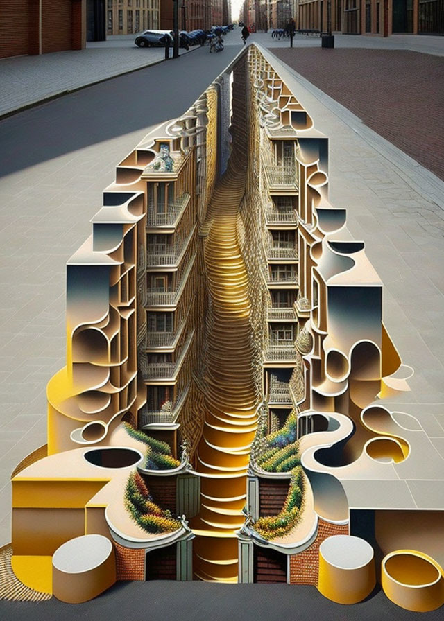 Surreal street transformed into elaborate bookshelf crevasse