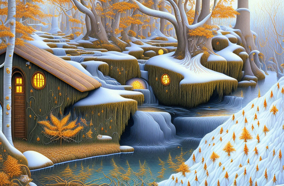 Snowy landscape with glowing treehouses in winter forest