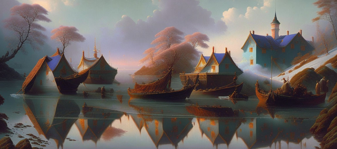 Tranquil fantasy landscape with sailing ships, castle, and trees