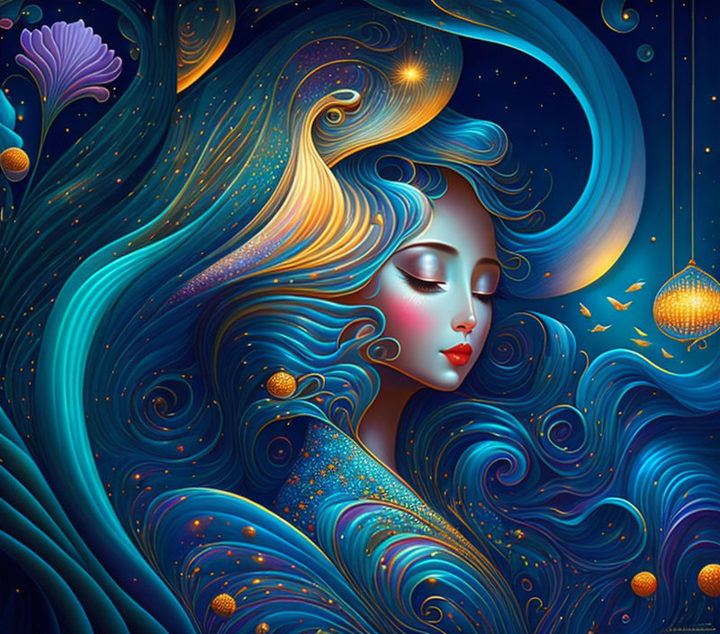 Surreal illustration of woman with blue hair merging with cosmic elements