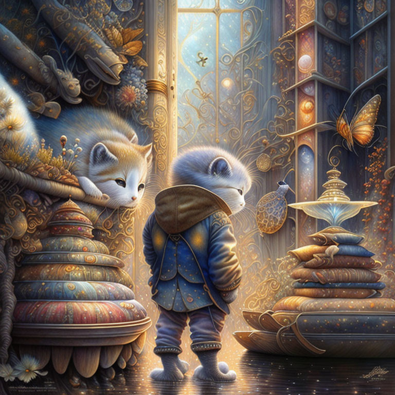 Whimsical cat illustration with lantern, turtle, and lounging feline