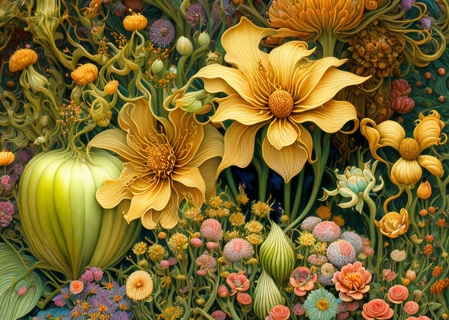 Detailed Illustration of Vibrant Yellow Flowers & Exotic Plants