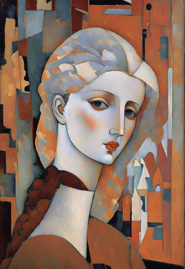 Cubist-style painting of woman with pale skin and braided hair on abstract background