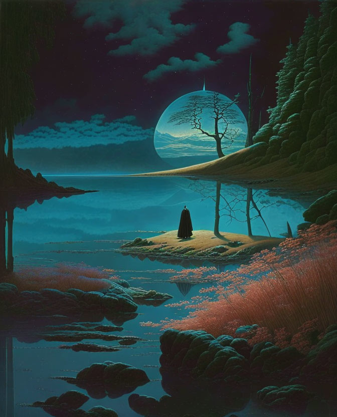 Cloaked figure by serene lake under full moon