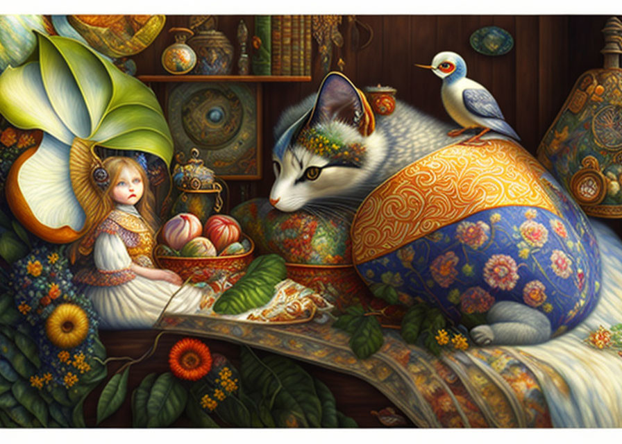 Detailed Artwork Featuring Patterned Cat, Fairy Creature, Flowers, Bird, and Ornate Objects