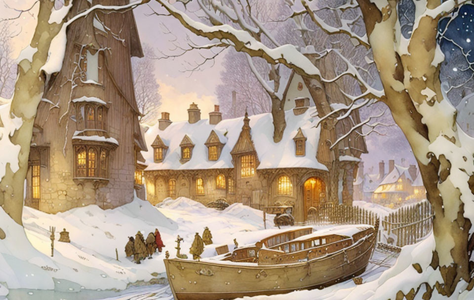 Snow-covered village with cottages, boat, and winter landscape.