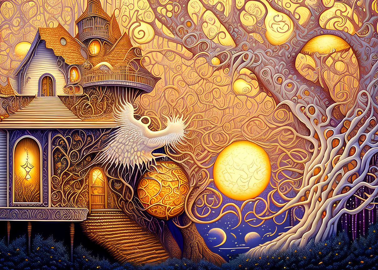 Fantasy illustration of stylized house with swirling trees and orbs