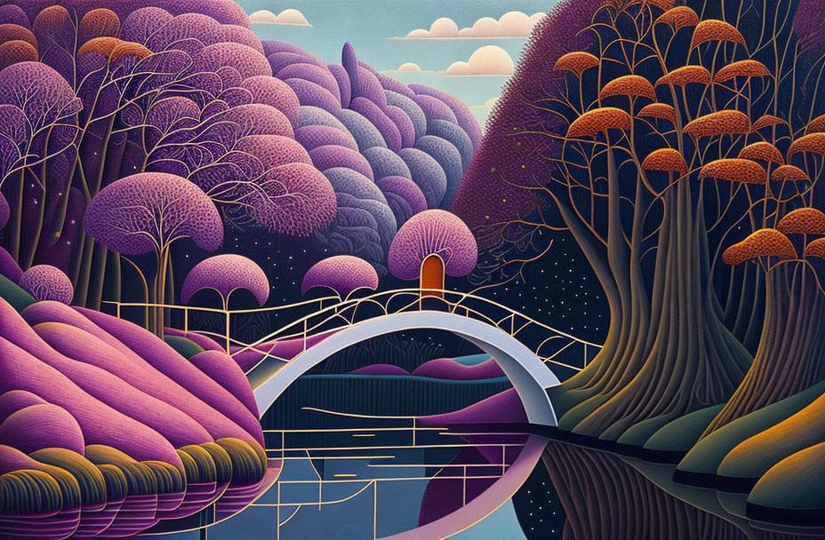 Colorful Landscape Painting with Arched Bridge and Whimsical Trees