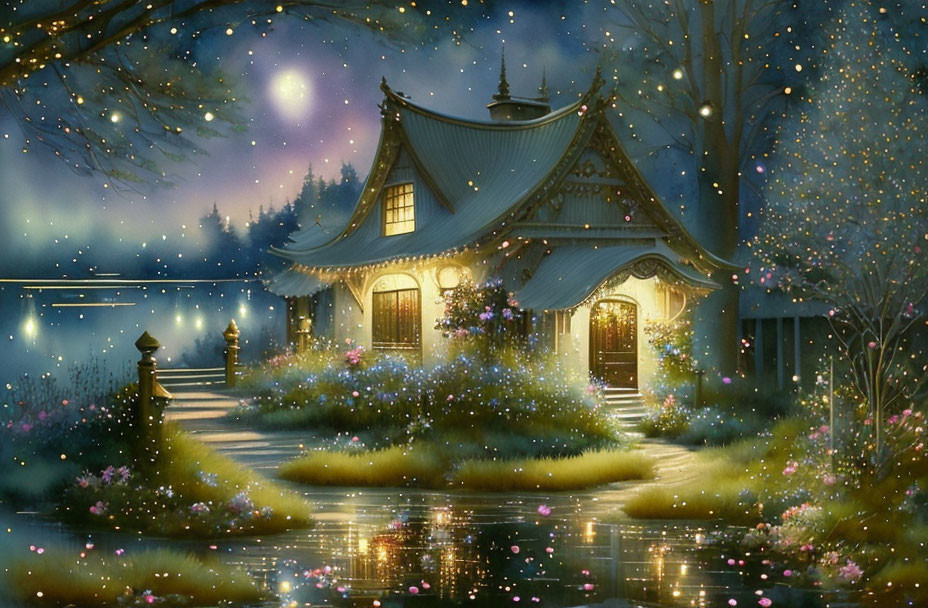 Enchanting Cottage Night Scene with Glowing Windows