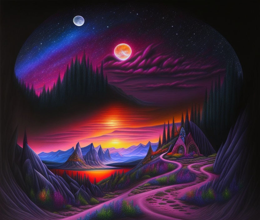 Surreal landscape with dual moons, starry sky, neon auroras, mountains, river,