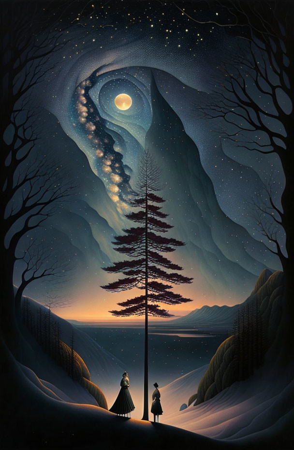 Surreal nightscape with towering tree, moon, figures, and swirling sky patterns