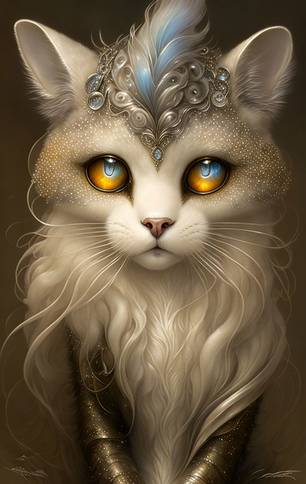 Fantasy cat illustration with amber eyes and ornate headdress