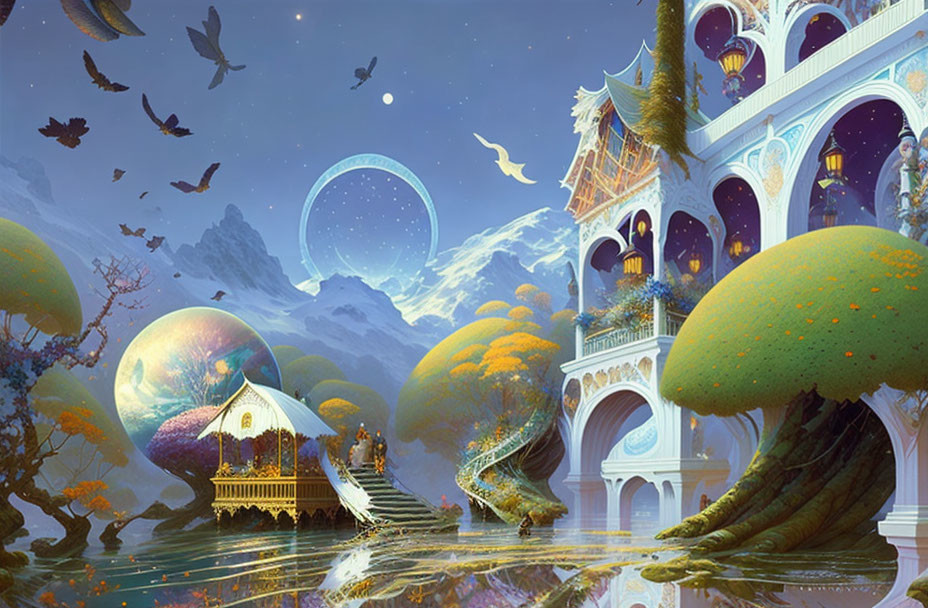 Fantastical landscape with celestial bodies, whimsical tree houses, bridge, birds, vibrant foliage,