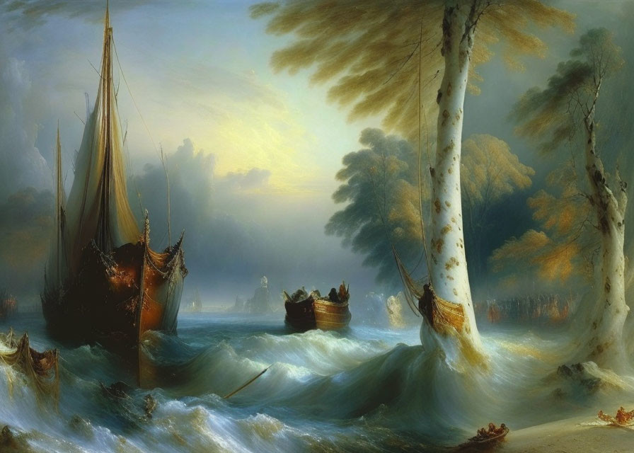 Maritime painting: Ships in distress, turbulent waves, dark clouds, sunlight rays