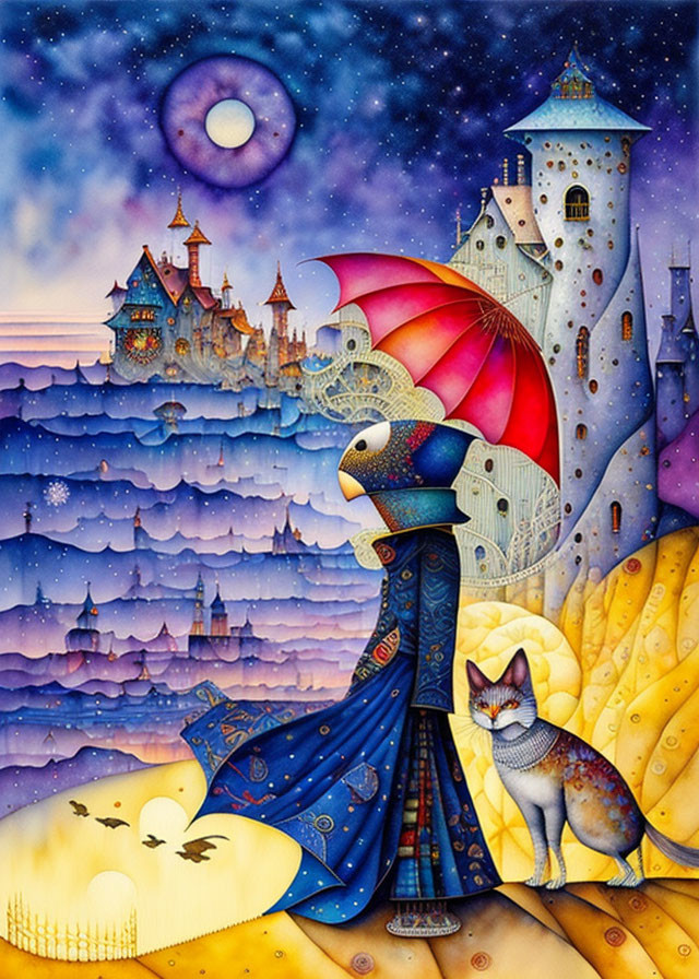 Whimsical painting of person, cat, castle under starry sky