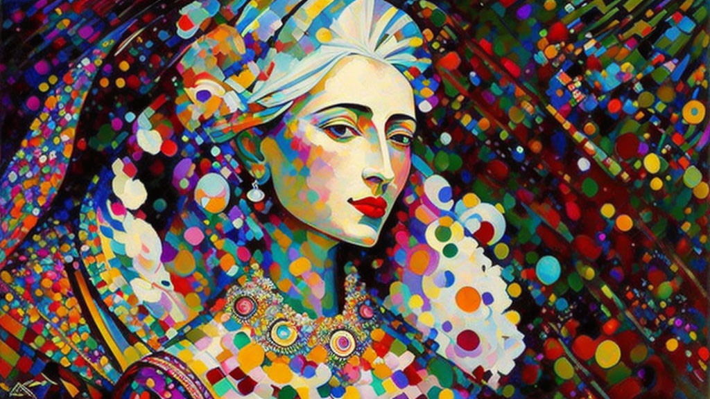 Vibrant abstract portrait of a woman with geometric shapes and patterns