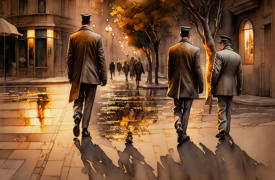 Three uniformed men walking on wet street with autumn leaves under city lights.