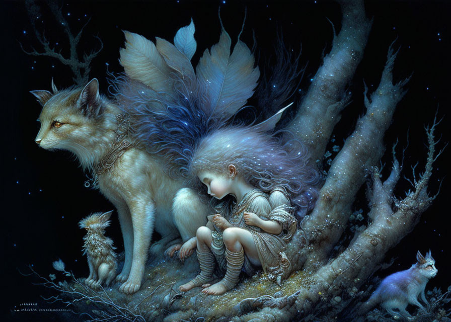 Child-like winged being with fox and creatures in moonlit forest