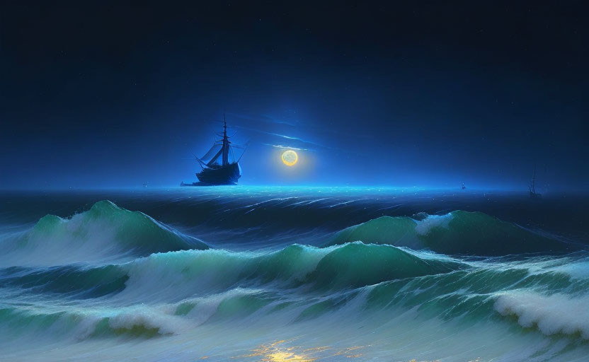 Tranquil night seascape with sailing ship and full moon