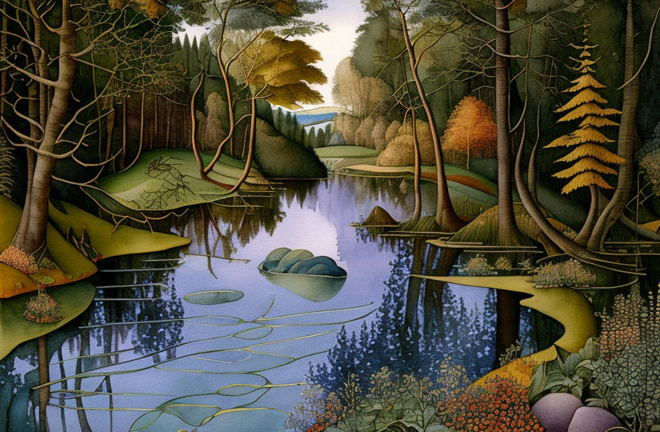 Tranquil forest scene with reflective lake and diverse trees