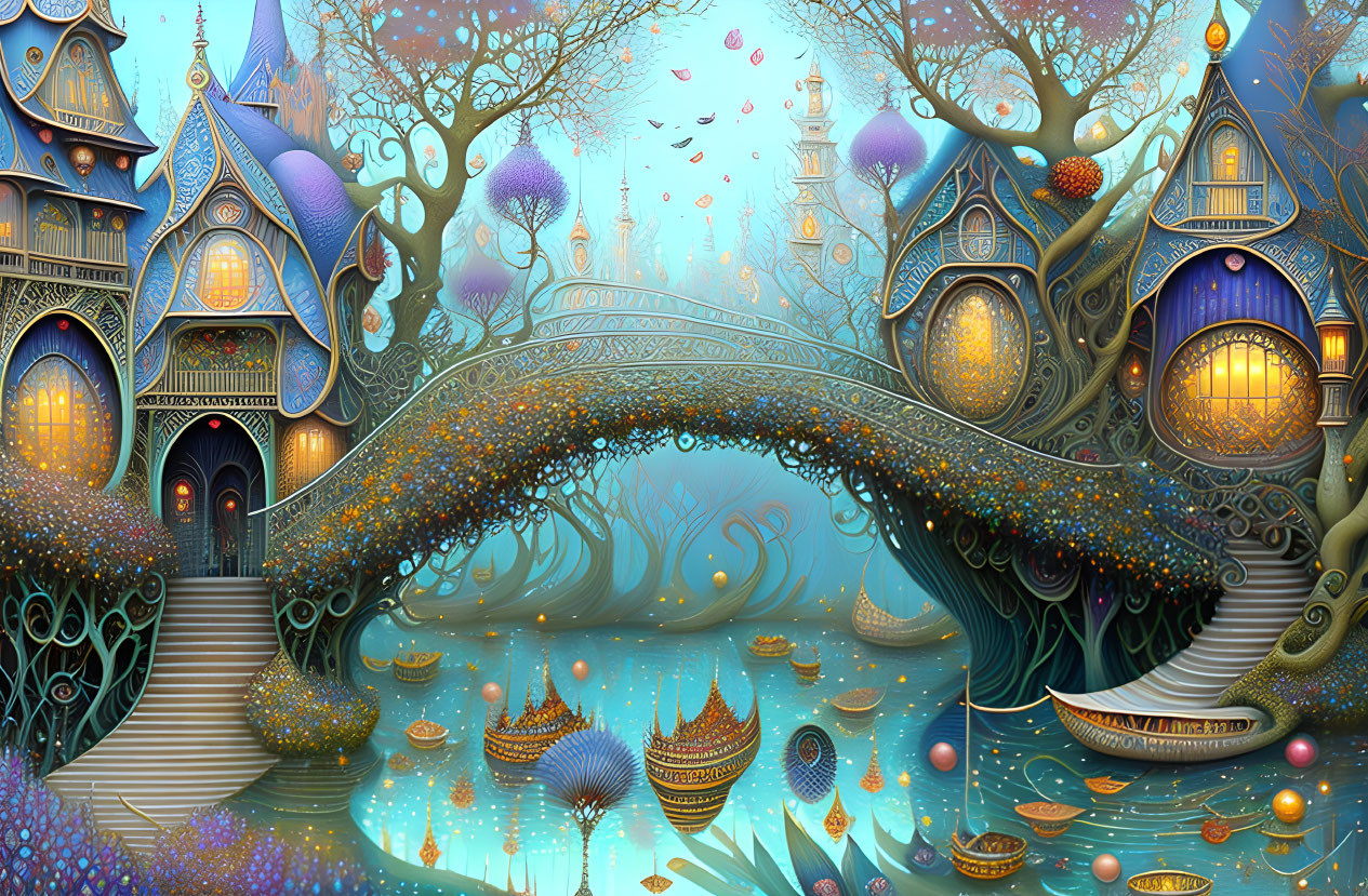 Fantasy landscape with tree-like houses, arched bridge, boats, and colorful flora under starry