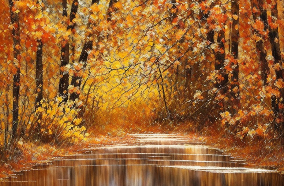 Scenic Autumn Forest Path with Reflecting Water