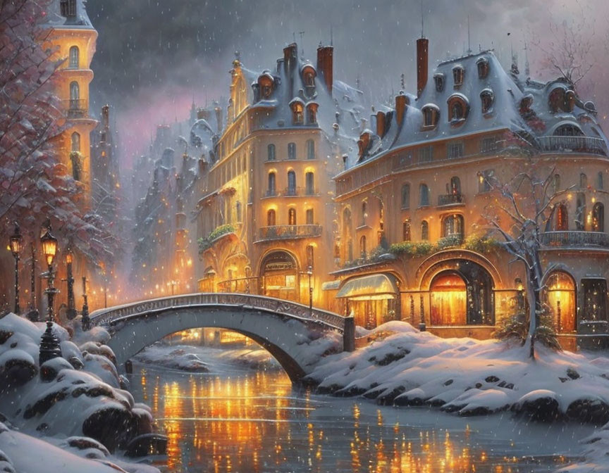 Snow-covered winter scene with river bridge and warm golden lights