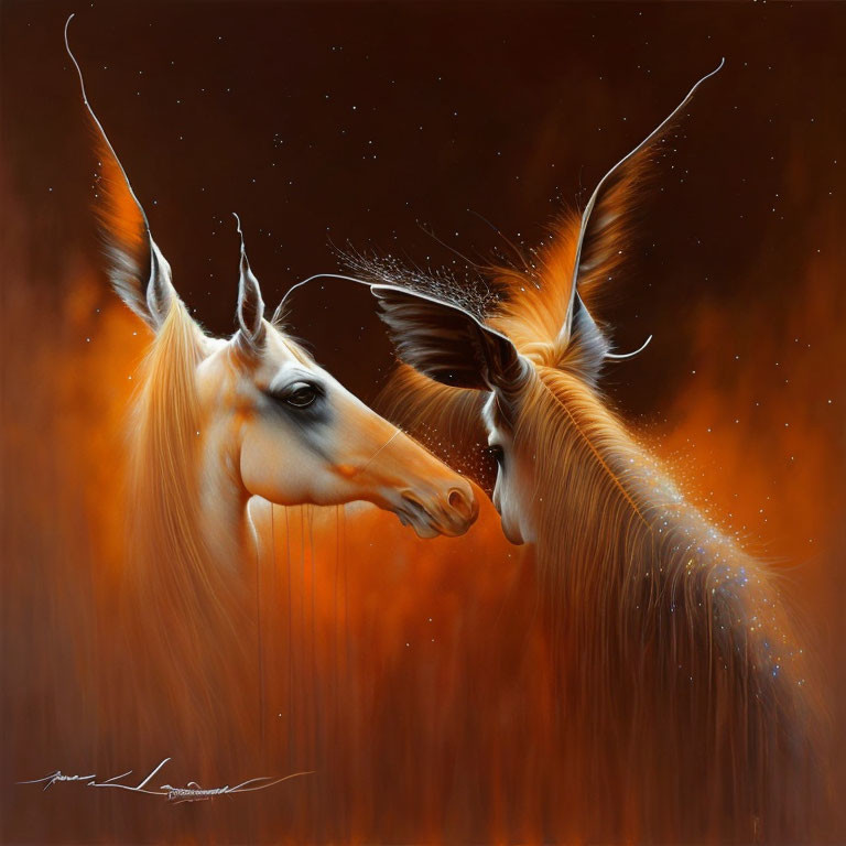 Stylized gazelles with elongated necks touching foreheads on orange backdrop