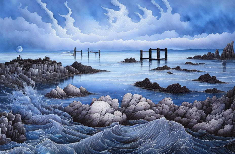 Tranquil seascape with full moon, waves, clouds, and rocks at twilight