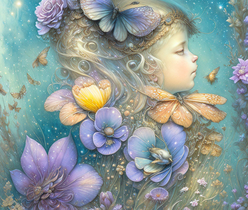 Whimsical portrait of young girl with butterflies and flowers in flowing hair