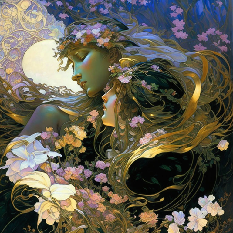 Ethereal figures embracing in moonlit floral scene