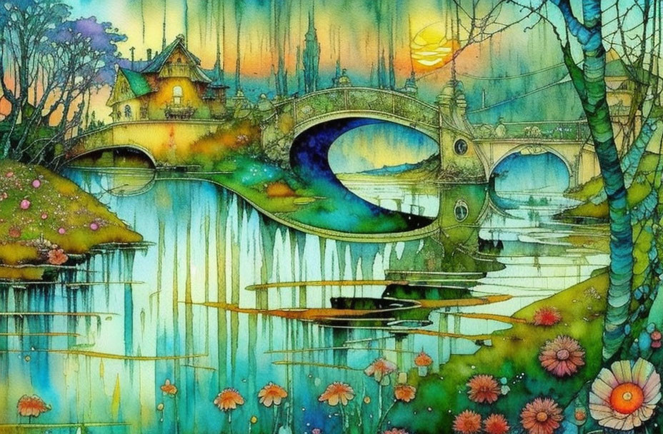 Vibrant whimsical painting of fairy-tale landscape with stone bridge