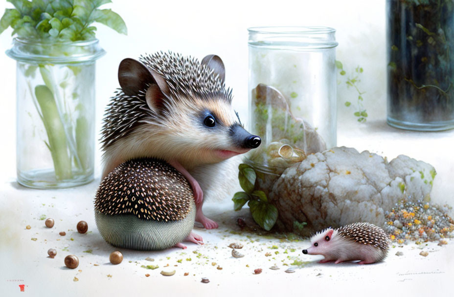 Realistic illustration of two hedgehogs with plants, glass jar, cauliflower, and seeds.