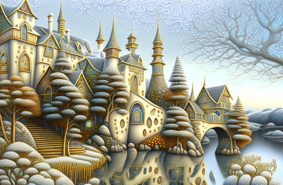 Whimsical winter village with ornate houses and snow-covered trees