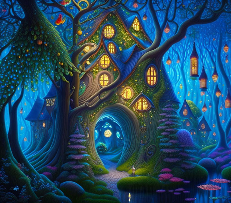 Enchanted forest with vibrant blue tones and whimsical treehouses lit warmly