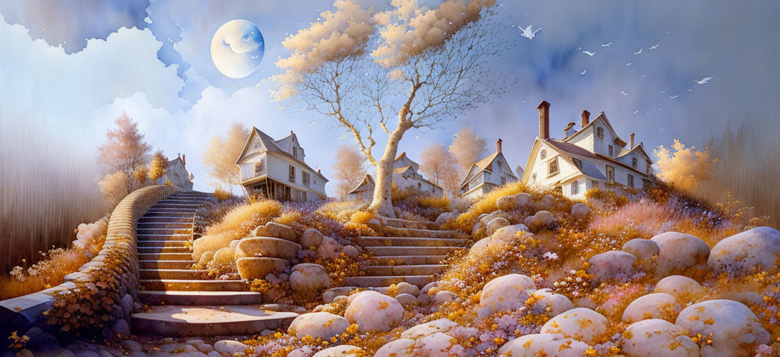 Autumn Stairway Decorated with Pumpkins and Full Moon