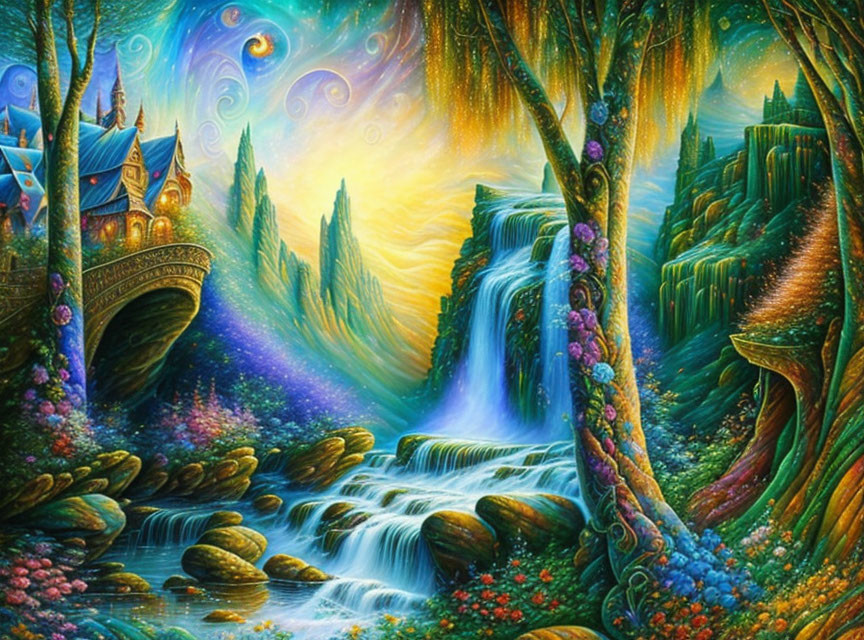 Mystical castle in vibrant fantasy landscape