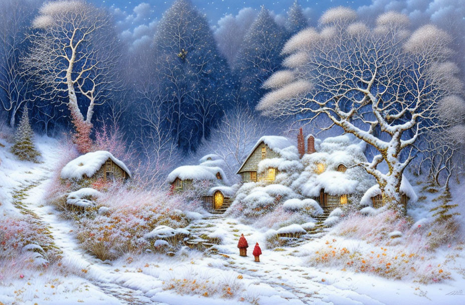 Snowy winter scene with path to cozy cottage, frosty trees, and figures in red walking.