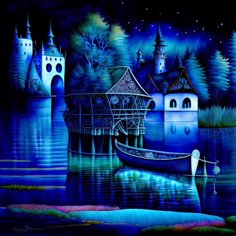 Surreal night landscape with illuminated castle and whimsical elements