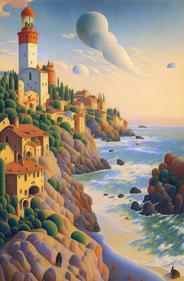 Whimsical coastal village painting with lighthouse and surreal moon