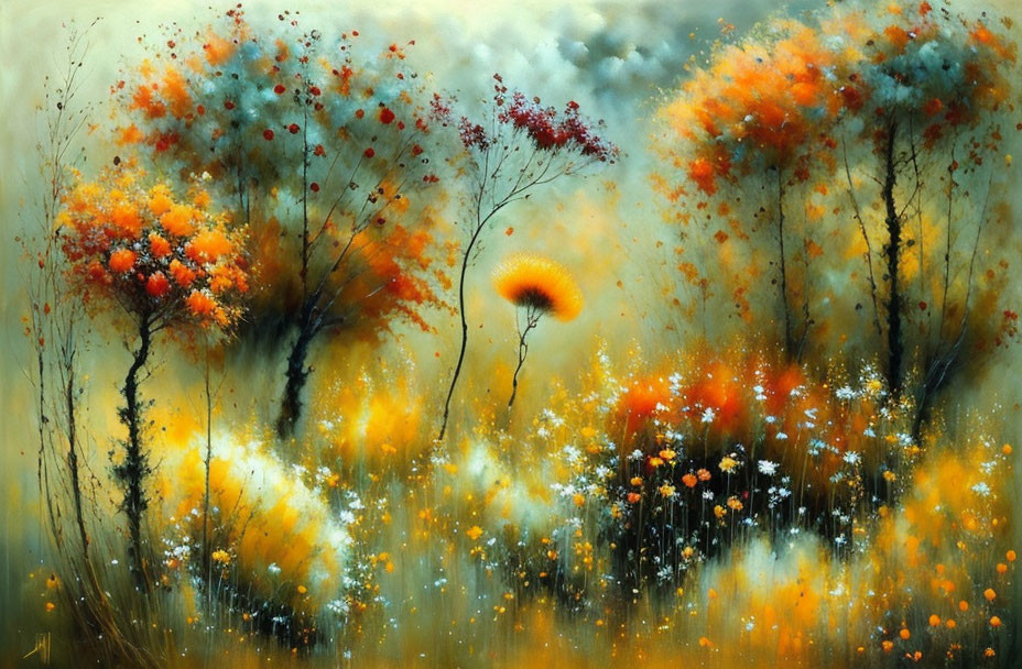 Vibrant impressionistic painting of colorful autumn forest