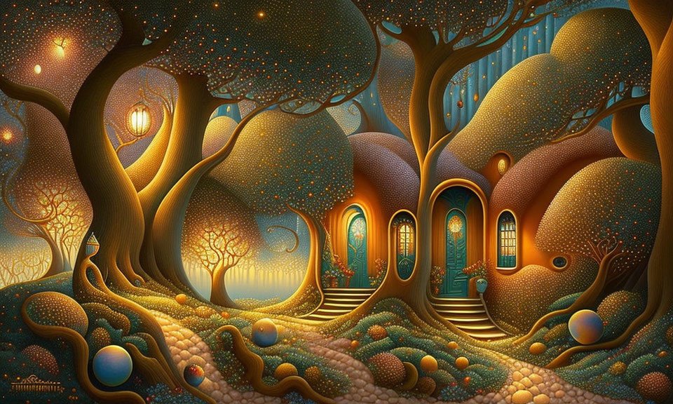 Enchanted forest artwork with glowing lanterns and fantasy dwellings