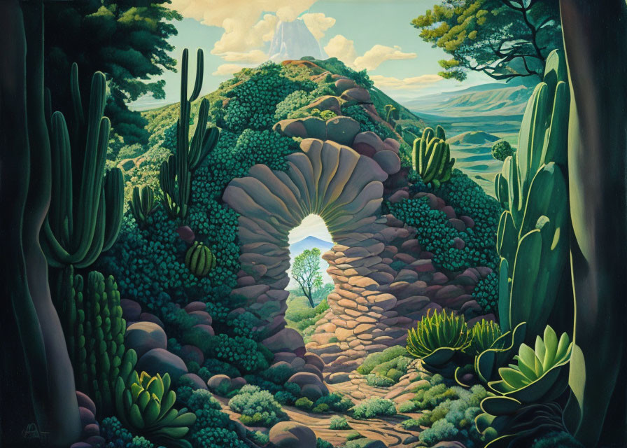 Desert Pathway Painting with Cacti, Succulents, and Mountains