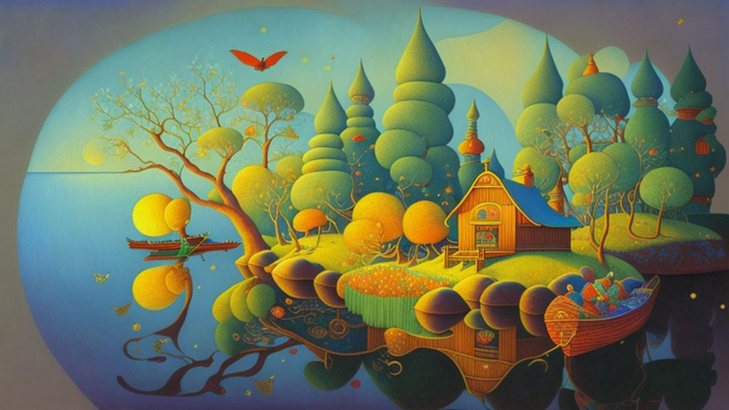 Colorful Landscape with Vibrant Trees, Hut, Pond, Boats, and Flying Bird