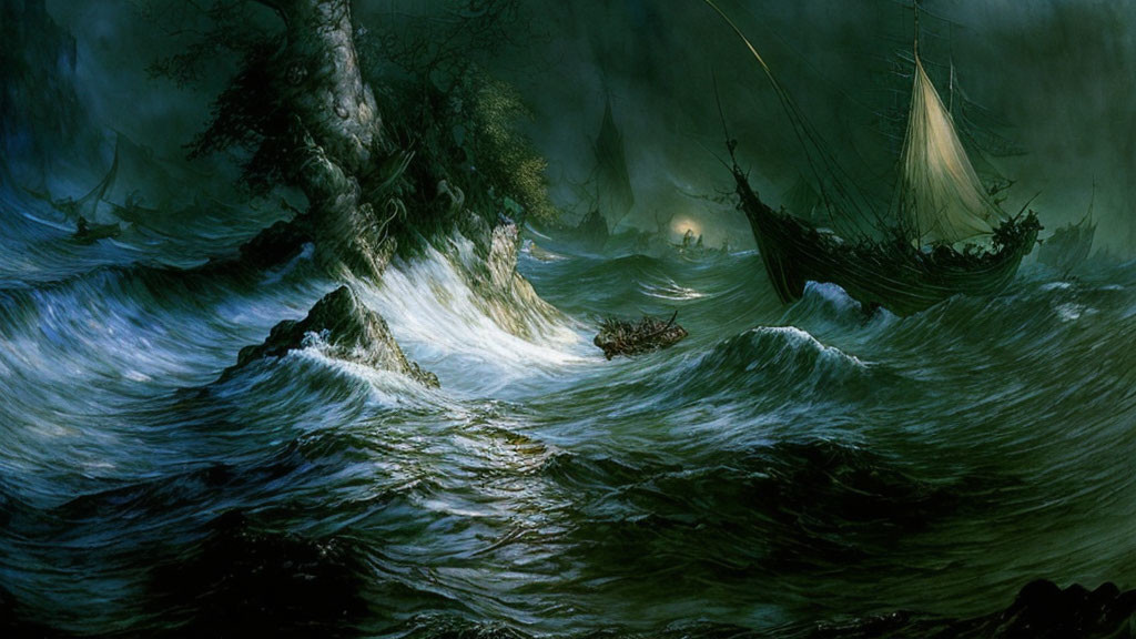 Stormy Sea with Ships and Rafts Battling Massive Waves