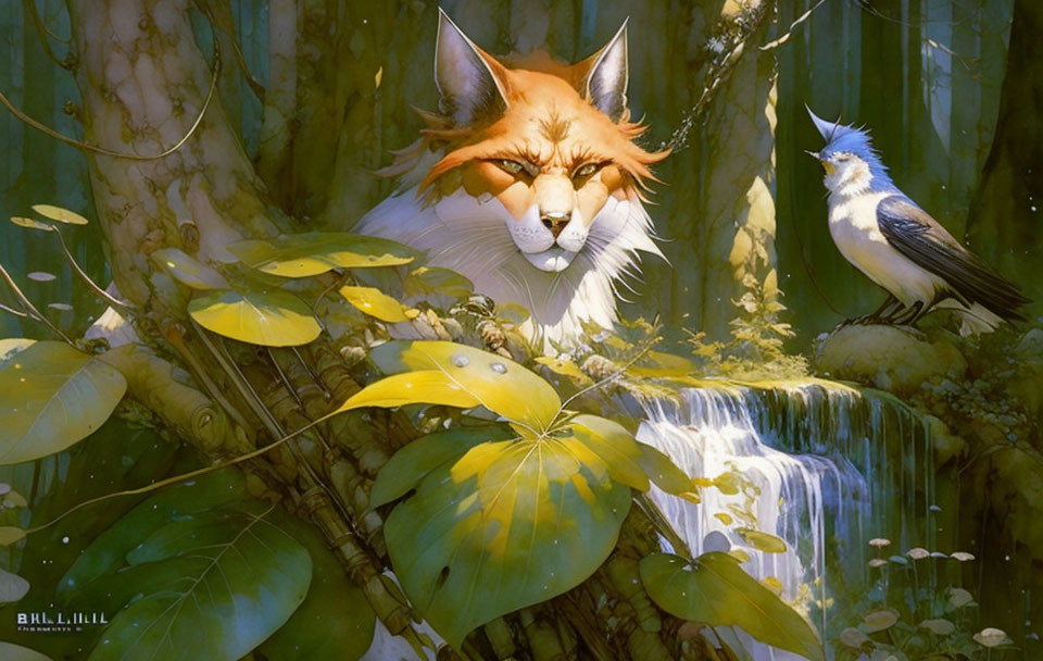 Digital artwork of fox in sunlit forest with waterfall & bird