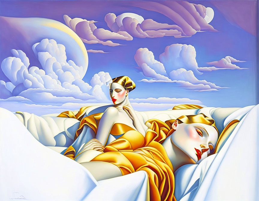 Surrealist painting: Two female figures in yellow cloth under crescent moon