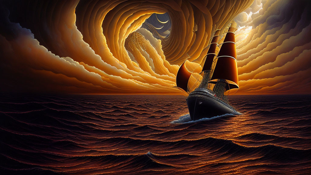 Surreal ship sailing towards swirling vortex under dramatic sky