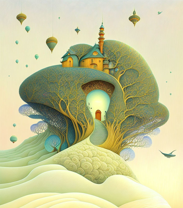 Fantastical illustration of grand tree, floating islands, and hot air balloons