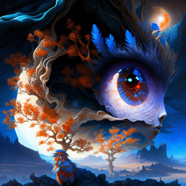 Surreal illustration of giant eye with tree eyelashes in night sky